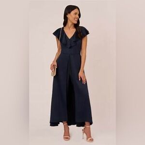 Adrianna Papell Navy Jumpsuit with V-Neck and Ruffle Detail